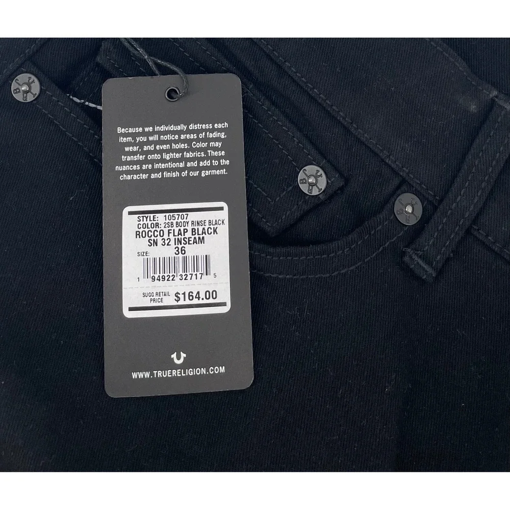 True Religion Rocco Relaxed Skinny Jeans Mens 36 Black Flap Pocket Hip Hop NWT